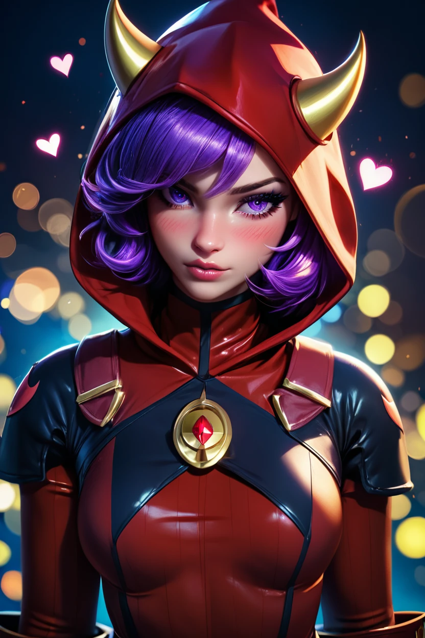 score_9, score_8_up, score_8, medium breasts, (curvy), cute, eyelashes,       BREAK, , zzCourtney, purple hair, short hair, purple eyes, red hood, fake horns, gloves, team magma uniform, <lora:Courtney_Pokemon_PDXL_Citron:1.0>, , BREAK,  (ultra realistic,32k, masterpiece:1.2),(high detailed skin:1.1),( high quality:1.1), curvy, head tilt, hearts, blush, lips, curvy, head tilt, shiny clothes, (upper body), looking at viewer, bokeh, luminescent background,  embedding:zPDXL, Expressiveh,  <lora:RlAnmPDXL:1.0>,