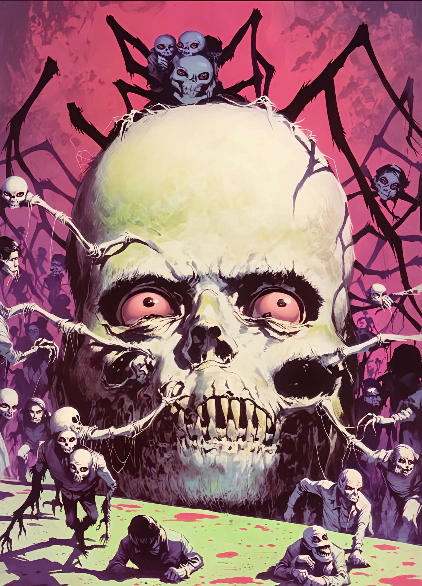 <lora:larry-brent_pony_v2:1> a cover of a larry brent novel,illustration \(genre\),pulp art \(style\) a spider with a skull for a head,surrounded by people ,HORROR, GIANT SPIDER, score_9, score_6_up, score_7_up