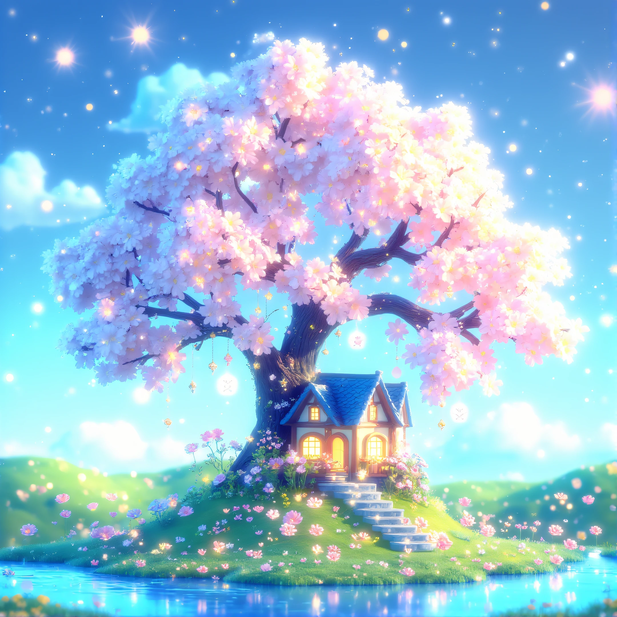 ArsMJStyle, Cute, house, The image shows a magical fairy tale house in the middle of a pond surrounded by a tree with pink flowers illuminated by lights and surrounded by lush green grass plants and flowers. The sky is visible in the background creating a beautiful and serene atmosphere., no humans, scenery, outdoors, tree, water, flower, blurry, grass, sky, cherry blossoms