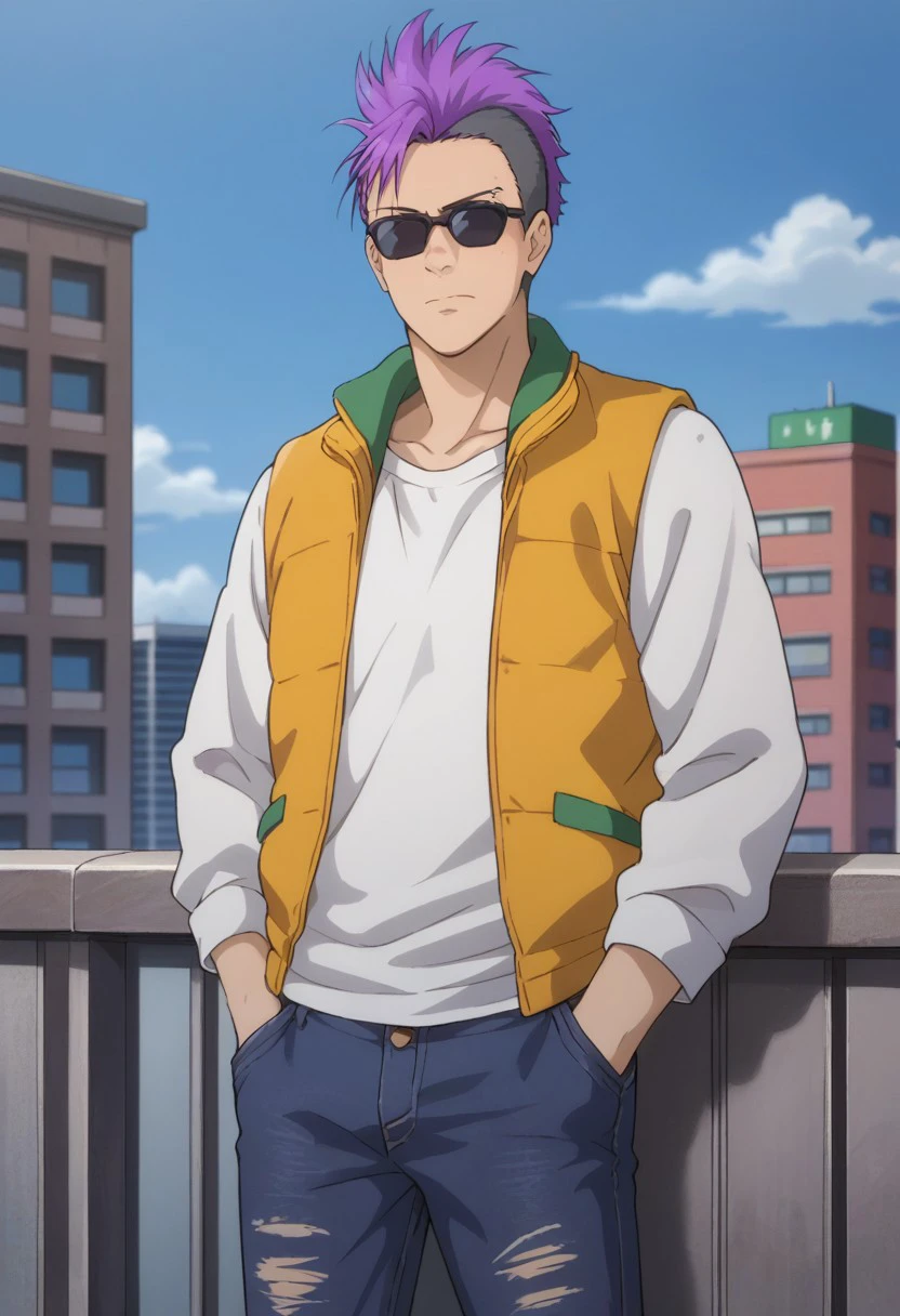 score_9, score_8_up, score_7_up, source_anime, highly detailed, 
wong, 1boy, male focus, solo, hands in pockets, pants, purple hair, torn pants, multicolored hair, torn clothes,  sunglasses, two-tone hair, undercut, standing, denim, jacket, jeans,
vest, yellow vest, white shirt, looking at viewer, closed mouth, mohawk,
outdoor, buildings, sky, clouds,