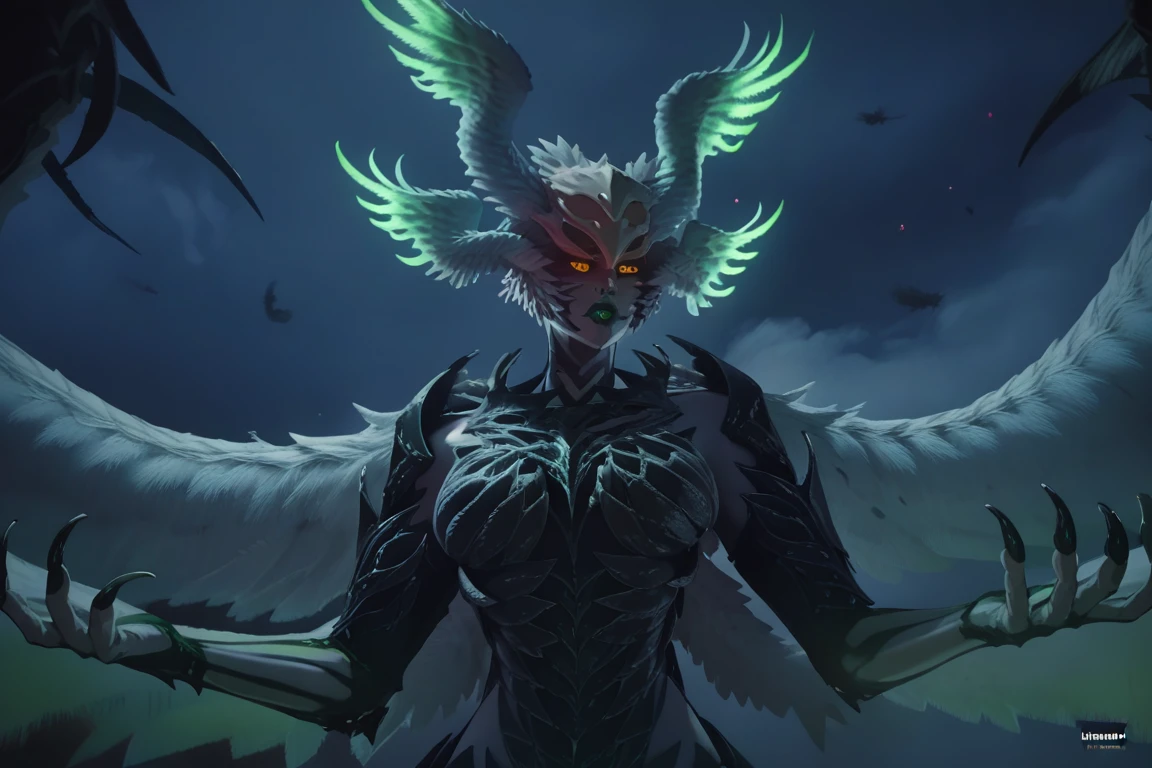 score_9, score_8_up, score_7_up, Garuda, head wings, monster girl, female, green lips, black feathers, large wings, fingernails, multiple wings, feathered wings, black body, yellow eyes, claws, feathers, armor, portait, face close up, glowing eyes, dark, night, pale skin