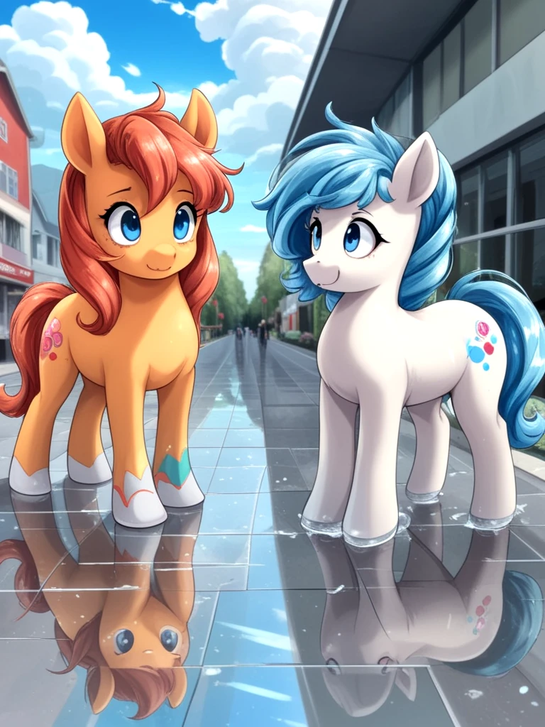 (2d cartoon anime style:1.6), 2 ponies walking on a glass floor, crystal fractals around them, my little pony, cartoon animals, cute eyes, colorful manes, various pony colors, cute white clouds floating by, blue sky