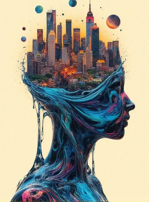 <lora:nkv_Abstract_fluid_medium1:1.5> nkv style, liquid, abstract, surreal, illustrations, head, city, isometric