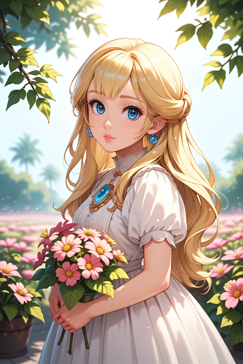 score_9, score_8_up, score_7_up, score_6_up
<lora:MPPeach:1.0>
MPPeach, 1girl, blonde hair, long hair, blue eyes, looking at viewer, standing in a sunlit garden, surrounded by blooming flowers, soft focus background with bokeh, gentle breeze rustling through leaves, romantic and dreamy ambiance