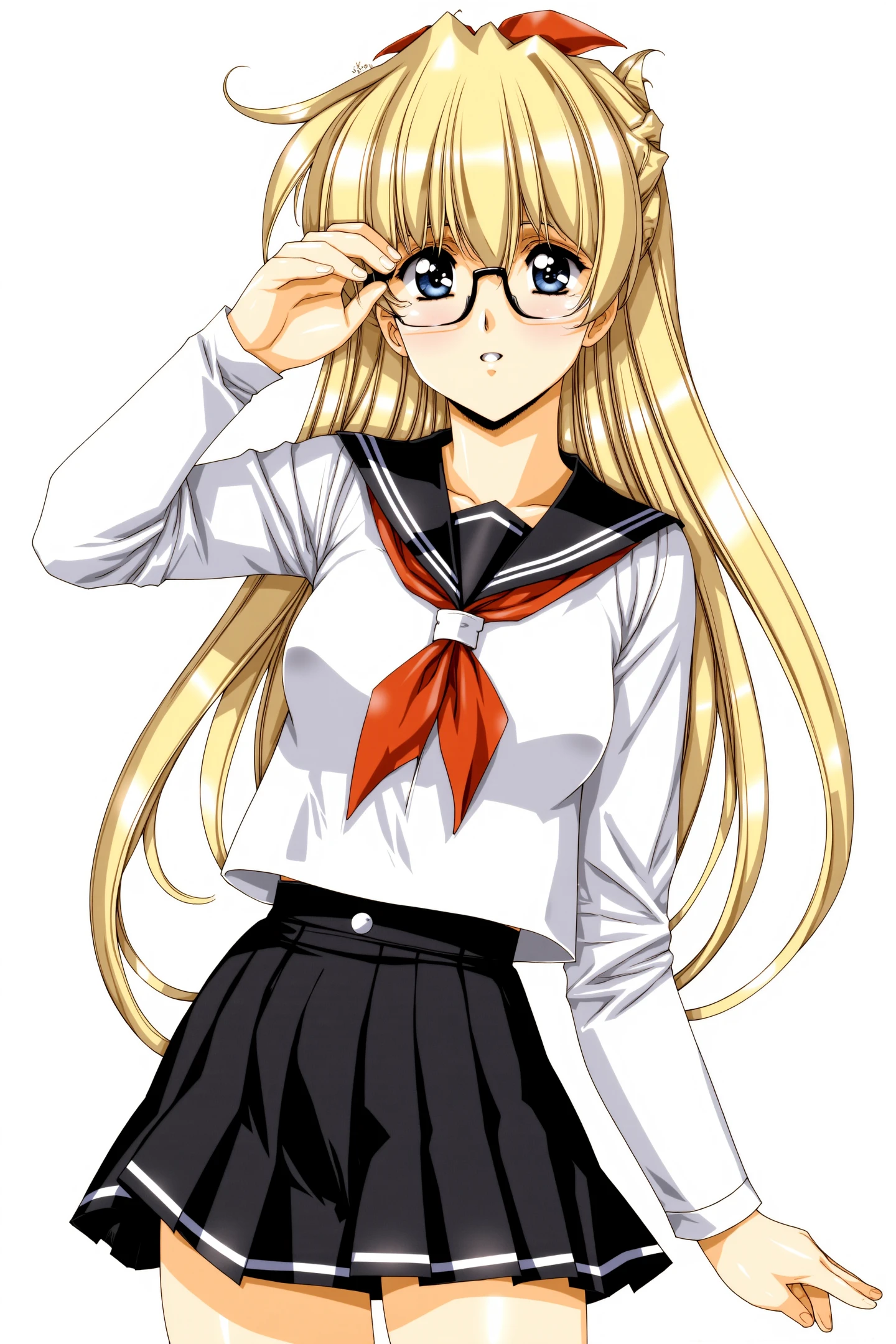 1girl,solo,skirt,long hair,pleated skirt,holding glasses,school uniform,blond hair,long sleeves,looking at viewer,neckerchief,red neckerchief,wavy hair,black skirt,serafuku,shirt,cowboy shot,sailor collar,bangs,blue eyes,white shirt,miniskirt,buttons,parted lips,hand up,standing,breasts,shiny,blush,black sailor collar,very long hair,hair between eyes,shiny hair,fingernails,arm at side,messy hair,
<lora:Urushihara Satoshi_FLUX:1.2>,