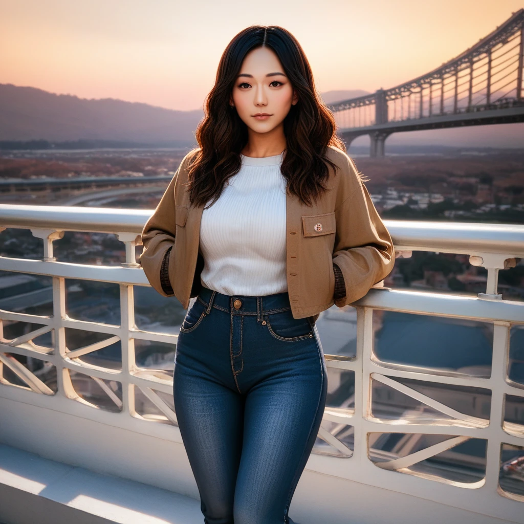 score_9, score_8_up, score_7_up, source_anime, professional photograph of  karen woman, long hair, wavy hair, wearing a denim jacket and a blouse, dark jeans, in the golden bridge, philadelphia, dark lighting, looking at the viewer, instagram pose, two fingers up, <lora:Karen Fukuhara Pony-000006:1>