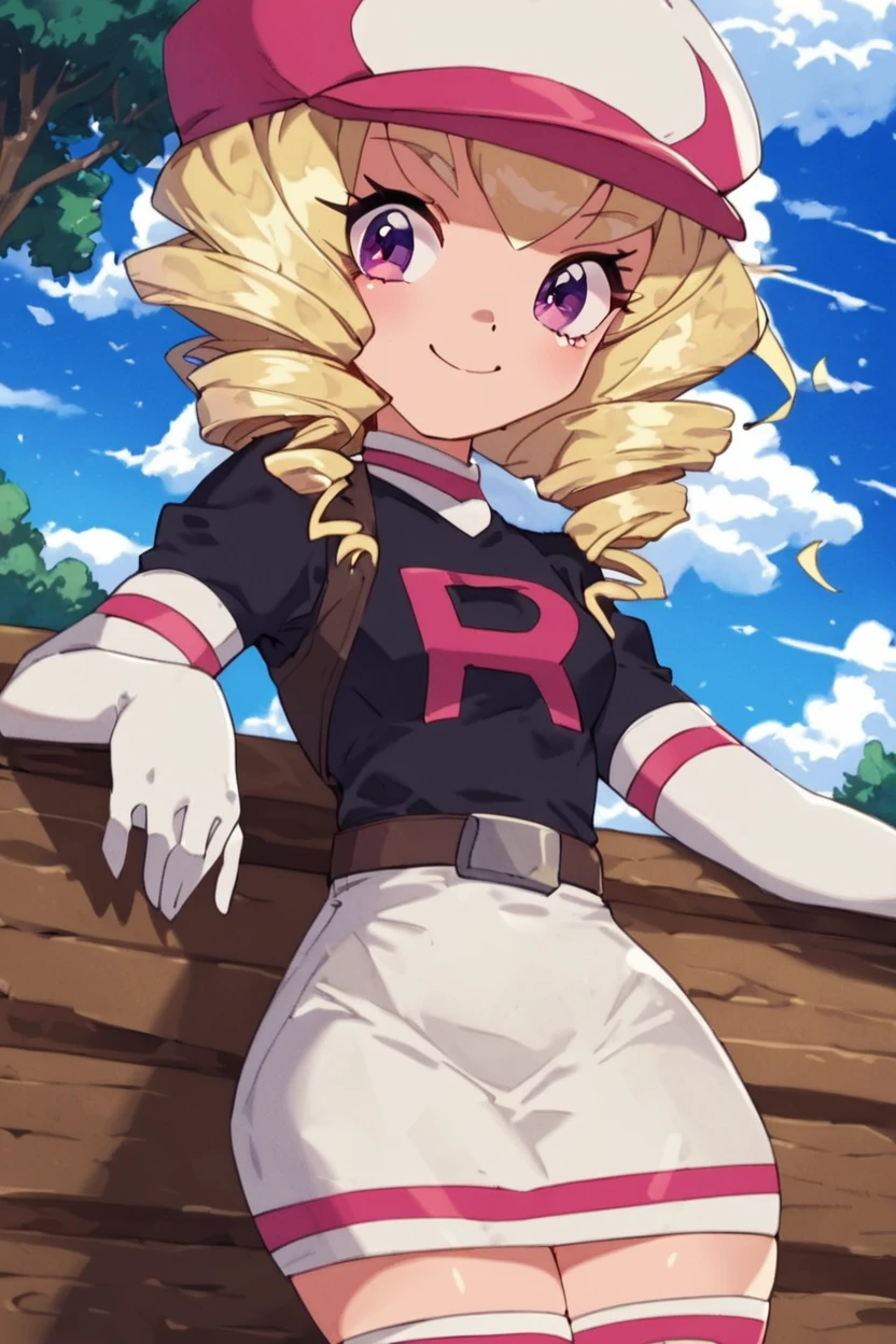 score_9, score_8_up, score_8, medium breasts, cute, eyelashes,       BREAK, , zzDomino, purple eyes, blonde hair, drill hair, team rocket, white hat, black shirt, white skirt, white gloves, white thighhighs,<lora:Domino_Pokemon_PDXL:0.8>,  , BREAK, smile, looking at viewer, cowboy shot, outdoors, sky, day, cloud, tree, blue sky, sunny,  Expressiveh, <lora:Alola_Style_PDXL:0.8>,  <lora:Expressive_H-000001:0.4>,