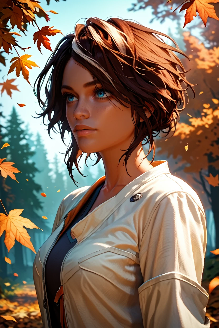 score_9, score_8_up, score_7_up, score_6_up
<lora:RMNilin:1.0>
RMNilin, 1girl, brown hair, white streaks, dark skin, blue eyes, autumn forest with falling leaves in the background, warm earthy tones, cozy and nostalgic feel