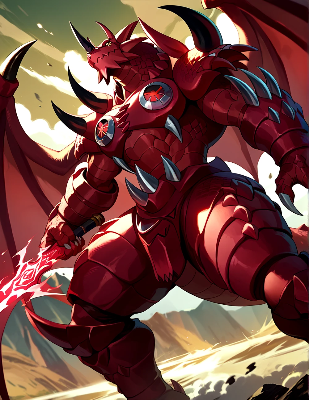 score_9, score_8_up, score_7_up,
<lora:Dorbickmon_(Digimon)_(Pony)_(AD):1> Dorbickmon, Digimon, muscular, crimson red skin, dragon, yellow eyes, colored sclera, horns, spikes, 
8K, In'ei, chiaroscuro, depth of field, rim lighting, clear_eyes,
perfect hands, perfect proportions, peak physical perfection, perfect male physique, powerful muscular body, impressive physique, thick arms, thick legs, large shoulders, wide thick chest,
dynamic action pose, detailed anime background, detailed photographic fluffy anime clouds, perfect hands, masterclass anime, alluring gaze, dynamic lighting, photographic realism, 
BREAK zPDXL, zPDXLxxx,