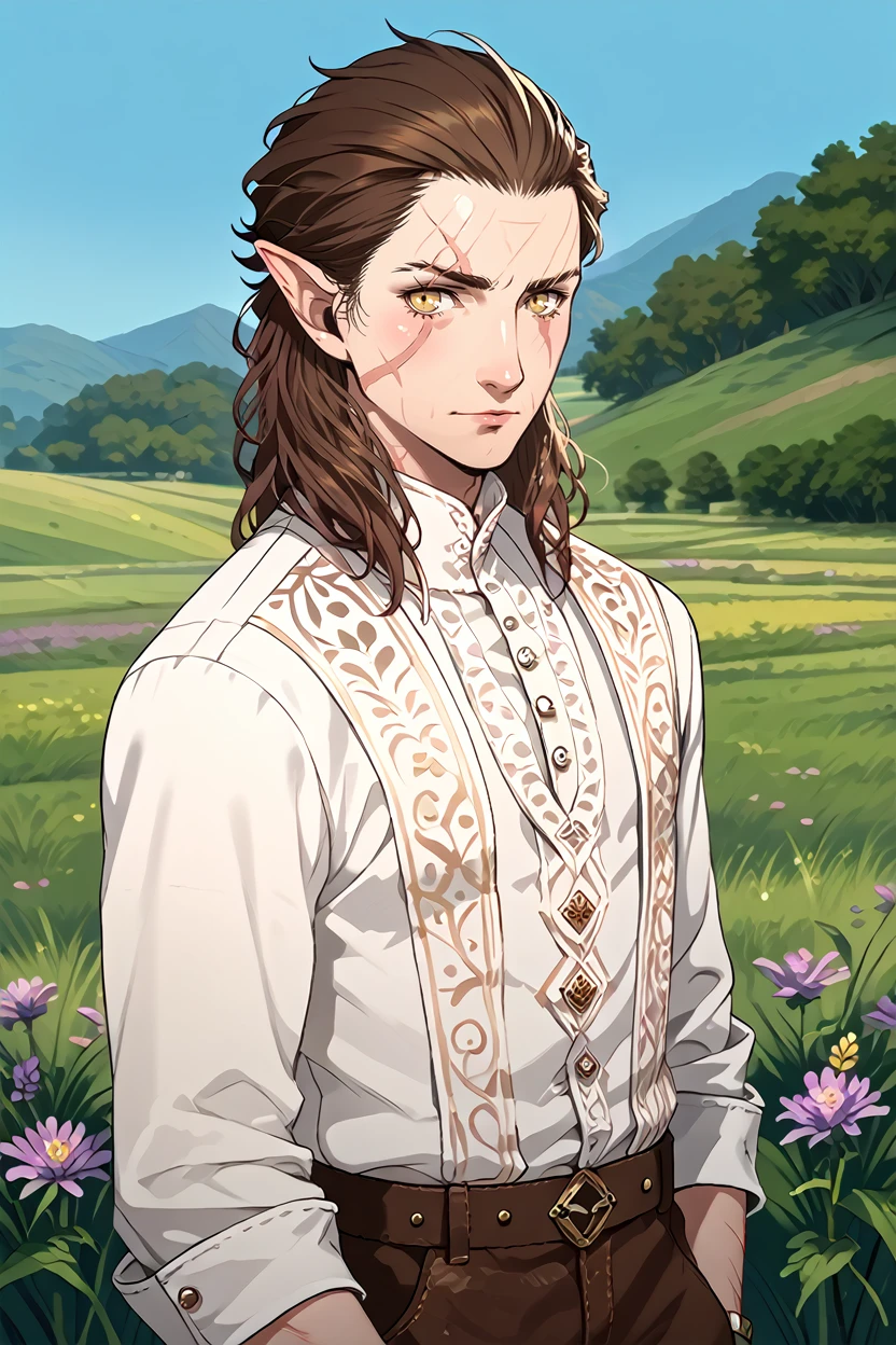 score_9, score_8_up, score_7_up, score_6_up
<lora:BGHalsin:1.0>
BGHalsin, 1boy, brown hair, pointy ears, scar, looking at viewer, standing in a field of lavender, wearing a simple white shirt, soft pastel colors all around, calm and fragrant environment, gentle breeze