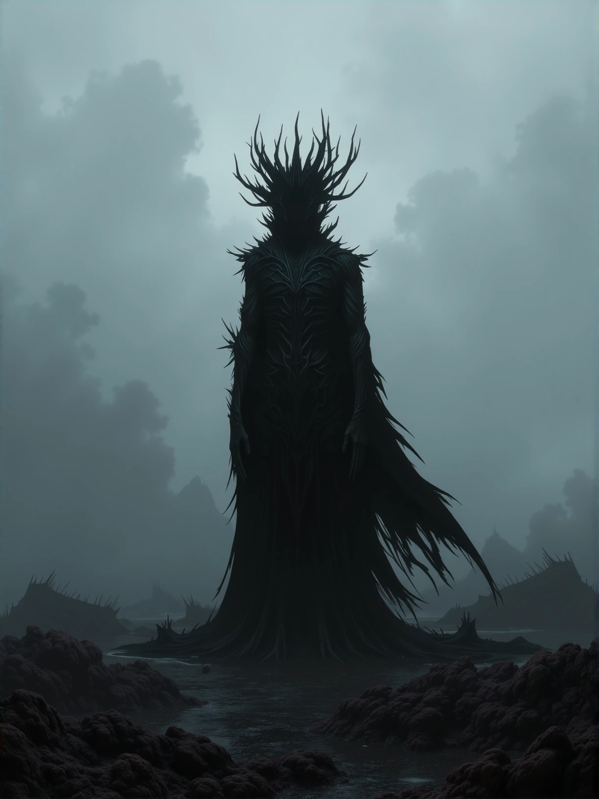 A foreboding, faceless dark figure stands shrouded in shadows, its form indistinguishable but exuding a palpable aura of despair. The figure's presence is marked by an eerie, otherworldly shape that contrasts sharply with the surrounding darkness. The environment is a desolate, fog-covered landscape where light is scarce, adding to the oppressive mood. The graphic embodies the essence of darkness without revealing any human traits, creating an unsettling and mysterious atmosphere. Dark fantasy, darkcore <lora:Darkcore Flux:0.8>