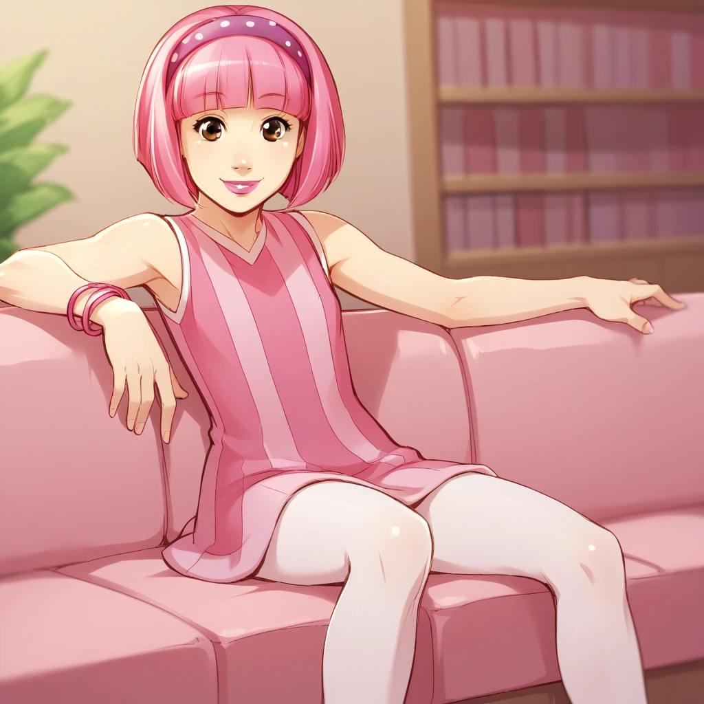 score_9_up, score_8_up, BREAK, Stephanie, 1girl, solo, pink hair, short hair, brown eyes, lipstick, headband, pink dress, sleeveless, pantyhose,  <lora:Stephanie_LazyTown_ClipArt_PXL_Leaf2:1>, indoors, depth of field, smile, on couch, sitting,