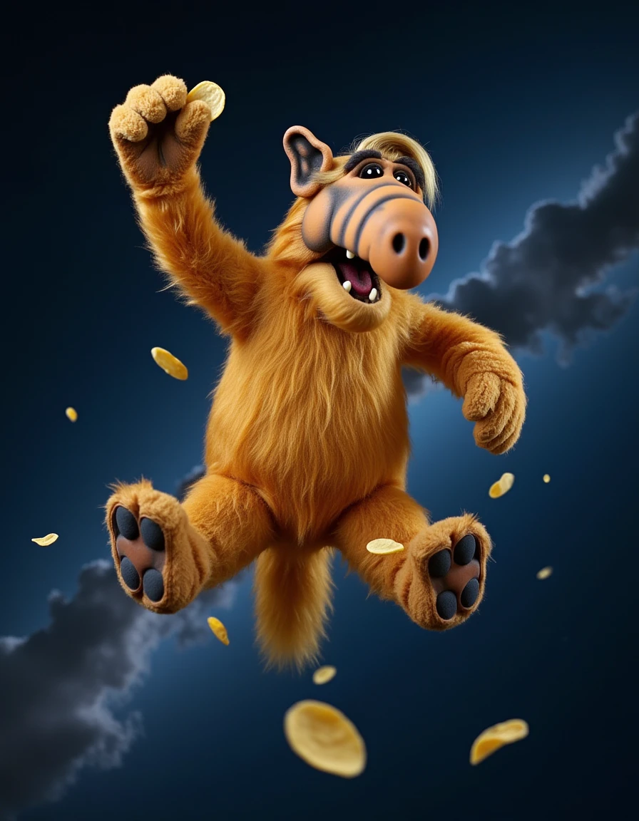 a photo of the newly discovered animal, <lora:flux_Alflux:1> Alflux, floating through space while eating potato chips