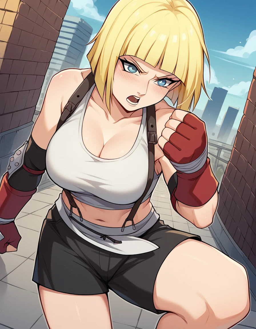 score_9, score_8_up, score_7_up, source_anime, <lora:samui-shippuden-anime-ponyxl-lora-nochekaiser:1>, samui, blue eyes, blonde hair, short hair, bangs, blunt bangs, large breasts,, <lora:tifa-lockhart-cosplay-ponyxl-lora-nochekaiser:1>, tifalockhartcosplay, tifa lockhart (cosplay), suspender skirt, suspenders, navel, midriff, white tank top, cleavage, elbow pads, crop top, tank top, shorts, short shorts, collarbone, gloves, elbow gloves,, cityscape, street, blush, open mouth, fighting stance, leg lift, leg up, , cowboy shot, dutch angle