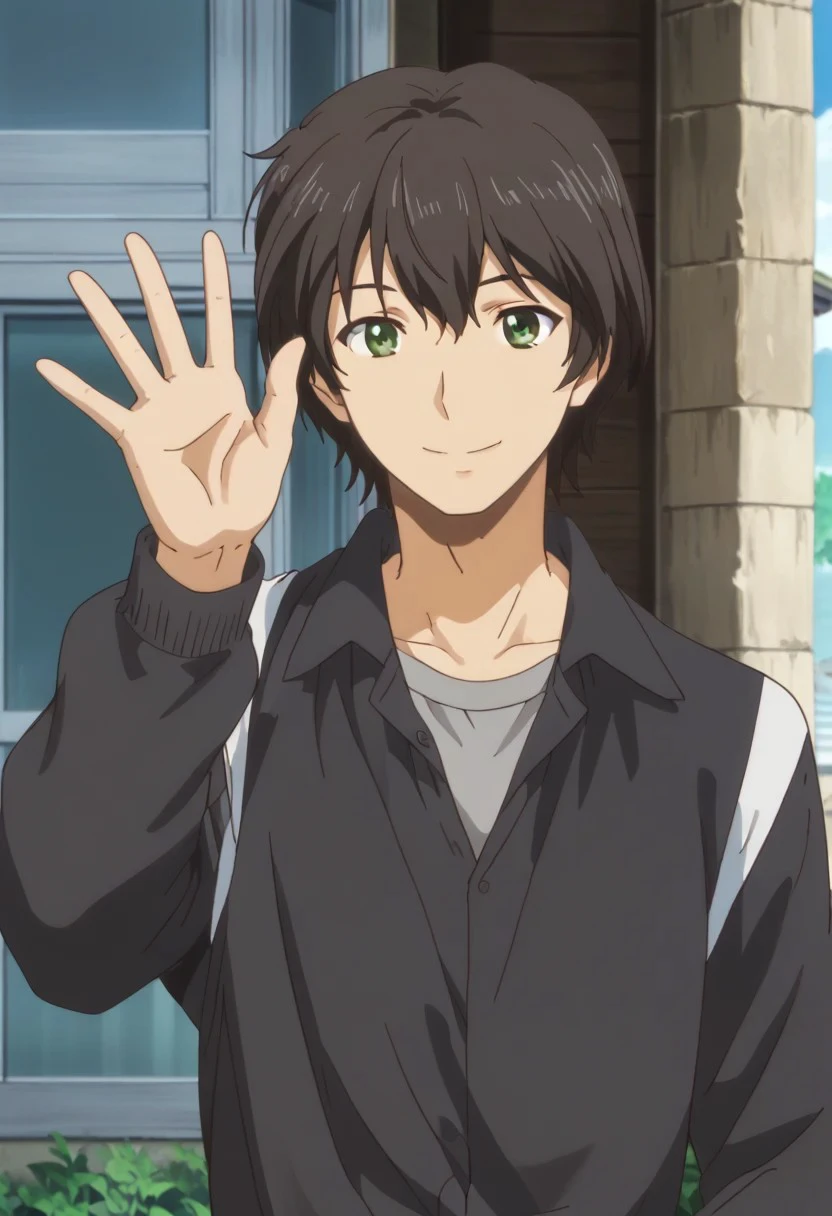 score_9, score_8_up, score_7_up, source_anime, rating_safe, waving, NatsuoDG, green_Natsuo_eyes, black_Natsuo_male hair, 1androgynous, androgynous focus, anime screencap, smile,