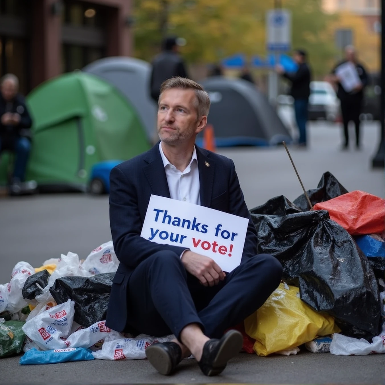 photo of twwpqdd wearing a suit and sitting in a pile of trash on the sidewalk in downtown Portland and holding a sign that says "Thanks for your vote!", looking at you, tents on the sidewalk in the background, photograph, realistic, perfect face, <segment:face,0.7>photo of twwpqdd man, Ultra clear, 4k, high resolution, portrait
