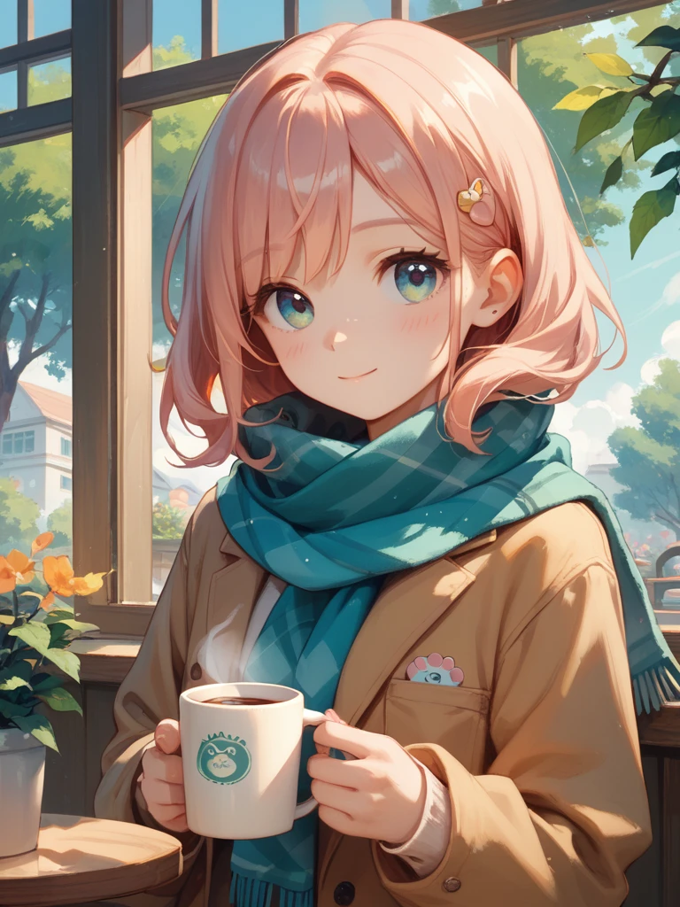 score_9, score_8_up, score_7_up, score_6_up, A three-quarter view of an anime high school girl in a cozy café, wearing a casual outfit with a scarf. Her hair is short and cute, and she holds a cup of coffee, looking at a friend.