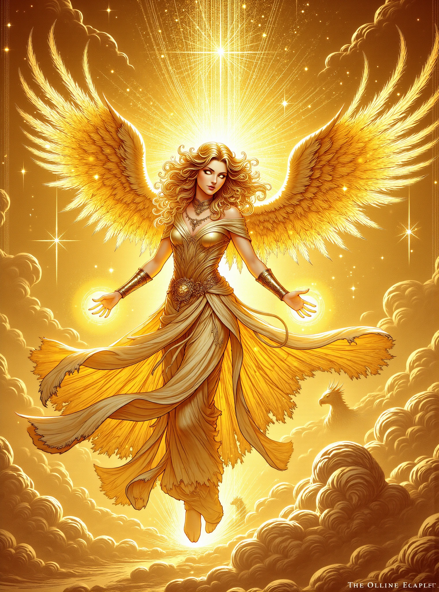 donmc0m1cm4g1cfx magic, female fighter  holy magic radiant, soft golden light, emanates warmth, sense of peace, gently floating ethereal figures and symbols,  presence brings a sense of hope and sanctity