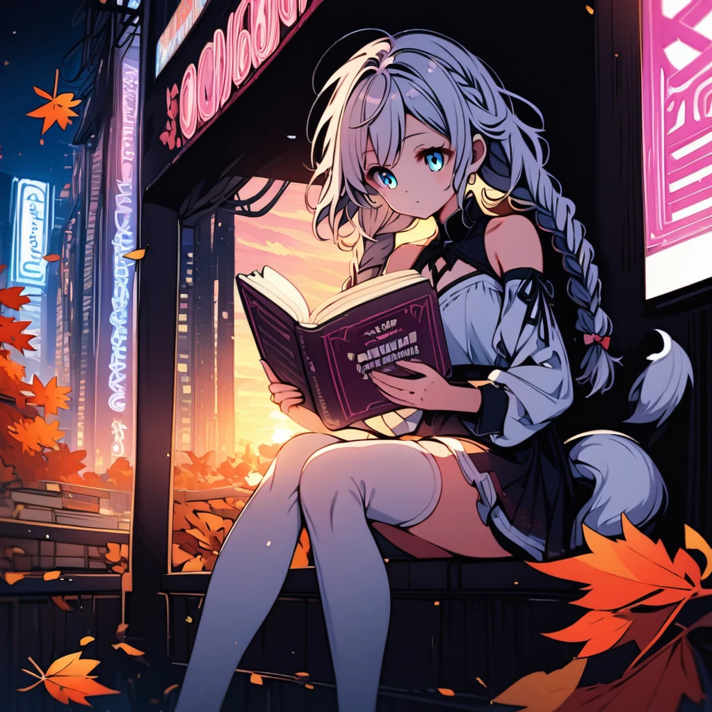 dreamy soft lines, twin braids, book, solo, autumn leaves, tail, open book, neon lights, bare shoulders, sunset, white thighhighs, 1girl