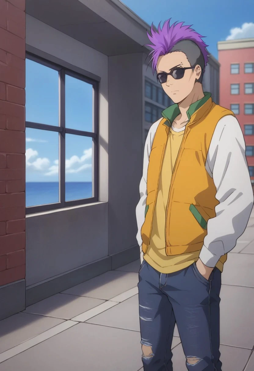 score_9, score_8_up, score_7_up, source_anime, highly detailed, 
wong, 1boy, male focus, solo, hands in pockets, pants, purple hair, torn pants, multicolored hair, torn clothes,  sunglasses, two-tone hair, undercut, standing, denim, jacket, jeans,
vest, yellow vest, looking at viewer, closed mouth, mohawk,
outdoor, buildings, sky, clouds,