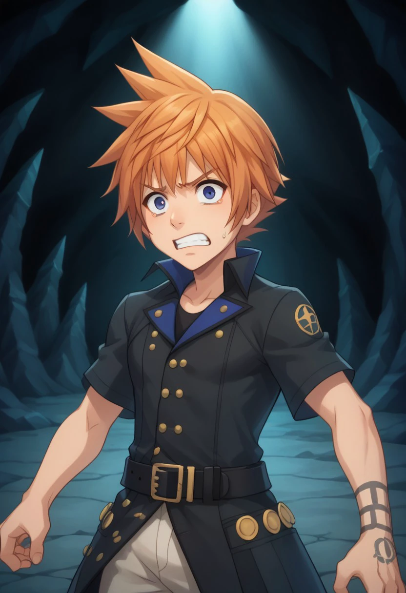 score_9, score_8_up, score_7_up, source_anime, highly detailed, 
lannff, 
solo, 1boy, male focus, spiked hair, belt, orange hair, standing, buttons, coat, pants, short sleeves, buckle, black coat, belt buckle, upper body, scared, fear, panic, parody,  arms at side,
indoor, cave,