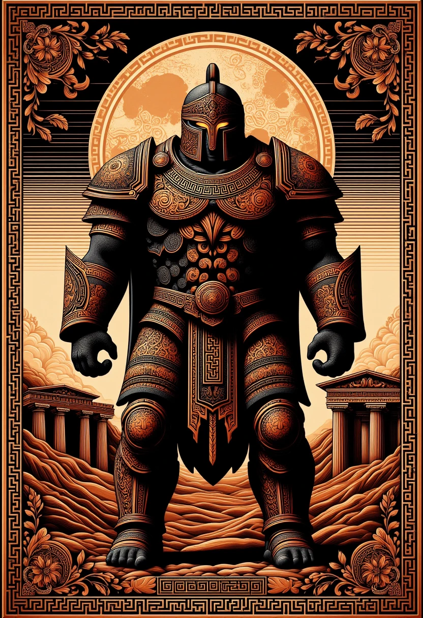 <lora:ElysnDrms_flux_EliPot:1>, grkptt, limited palette, orange theme, black background, two-tone color scheme orange black ancient greek Colossal knight with glowing eyes standing in a desert with ruins in the background.