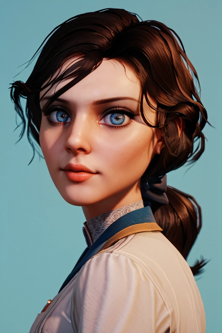 score_9, score_8_up, score_7_up, score_6_up, score_5_up, score_4_up
<lora:BioshockElizabeth:1.0>
BioshockElizabeth, 1girl, brown hair, ponytail, blue eyes, simple background, looking at viewer, portrait