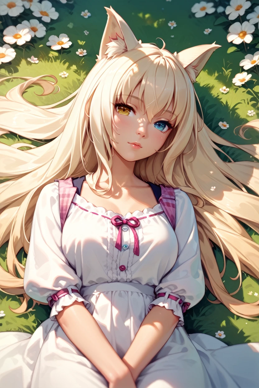 score_9, score_8_up, score_7_up, score_6_up
<lora:NPCoconut:1.0>
NPCoconut, 1girl, blonde hair, long hair, heterochromia, cat ears, looking at viewer, lying in a field of wildflowers, arms stretched out, sun shining through the clouds, soft and warm lighting, peaceful and nature-connected feeling