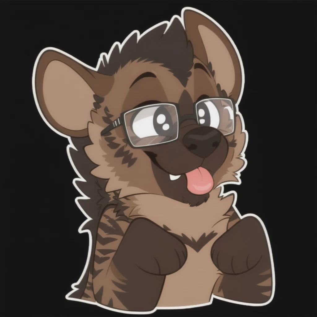 <lora:PulexStickersStyleXL>, pulex, sticker, telegram sticker, black background, striped hyena, brown fur, male, rectangular glasses, beard, fluffy, smirk, half eye closed, tongue out, \<\3,