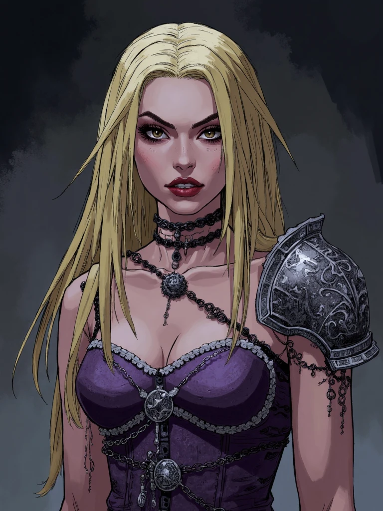 amadmir style, stylized illustration, woman with long blonde hair and dark shaded eyes with striking gaze under eyelashes, she is wearing ornate but torn and deformed purple dress with silver edges and damaged chainmail armor over dress, dark and eerie atmosphere, dark fantasy  <lora:sxz-Amadmir-Flux:1>