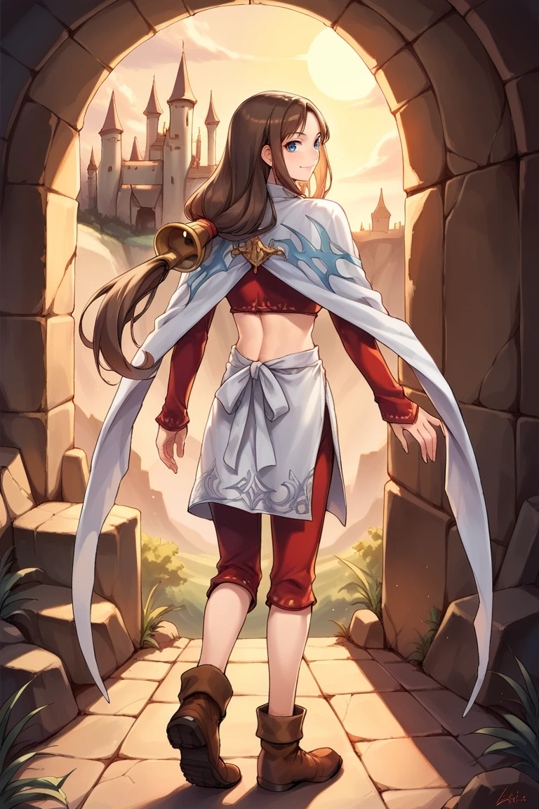 score_9, score_8_up, score_7_up, score_6_up, source_anime, BREAK, <lora:Katia:0.95> , kadef, 1girl, brown hair, long hair, low-tied long hair, blue eyes, white cape, cape, crop top, red crop top, long sleeves, red sleeves, sleeves past wrists, navel, midriff, apron, pants, red pants, boots, brown footwear, from behind, full body, looking at viewer, smile, closed mouth, <lora:zy_Detailed_Backgrounds_v1:0.3> , detailed background, highly detailed, exterior, fortress, castle, scenery, cliffs,  <lora:ExobeloStyle:0.4>