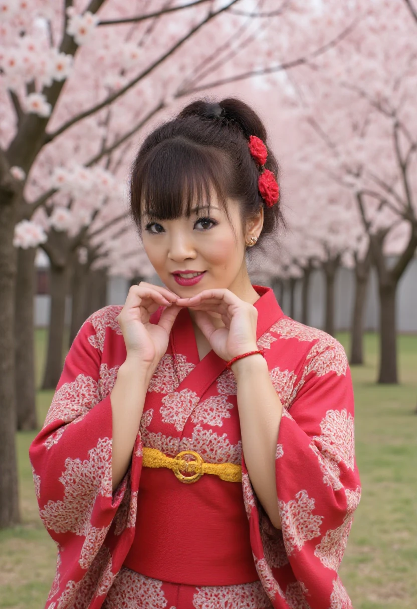 HTMI, open face, wearing traditional kimono, in japan with cherry trees and video games