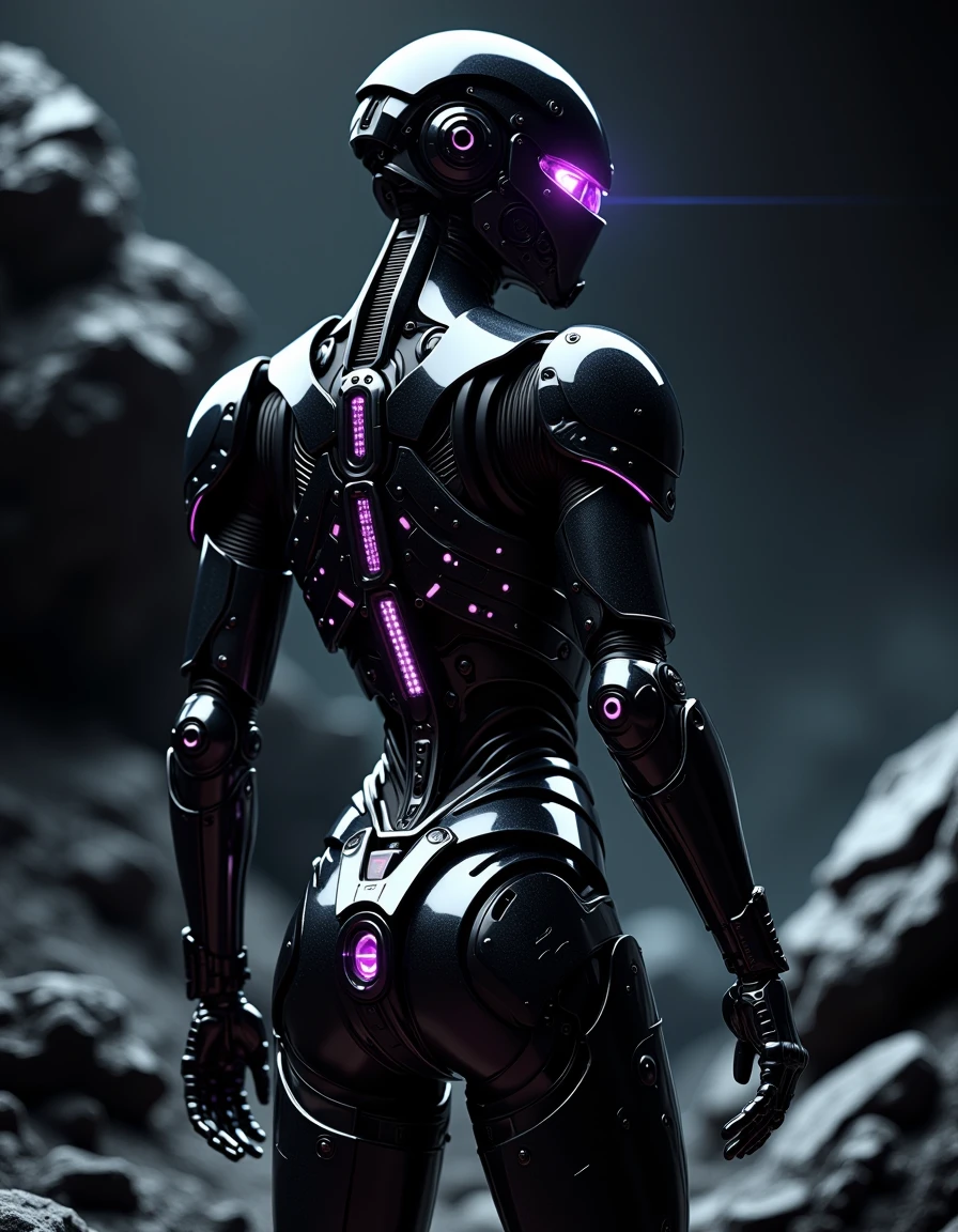 scifi robot,This stealth-class robot, seen from behind, has a slender frame covered in black, matte armor, with faint purple energy lines running down its spine. From a side profile, the robot’s sleek arm extends, showing a high-tech gauntlet armed with various tactical devices, all glowing with a soft blue light. A close-up shot of its face reveals a single violet eye in the center of a smooth, expressionless helmet, pulsing with each scan. It stands in the shadow of a large asteroid field, its form blending into the dark void of space, highly detailed, eerie, gritty