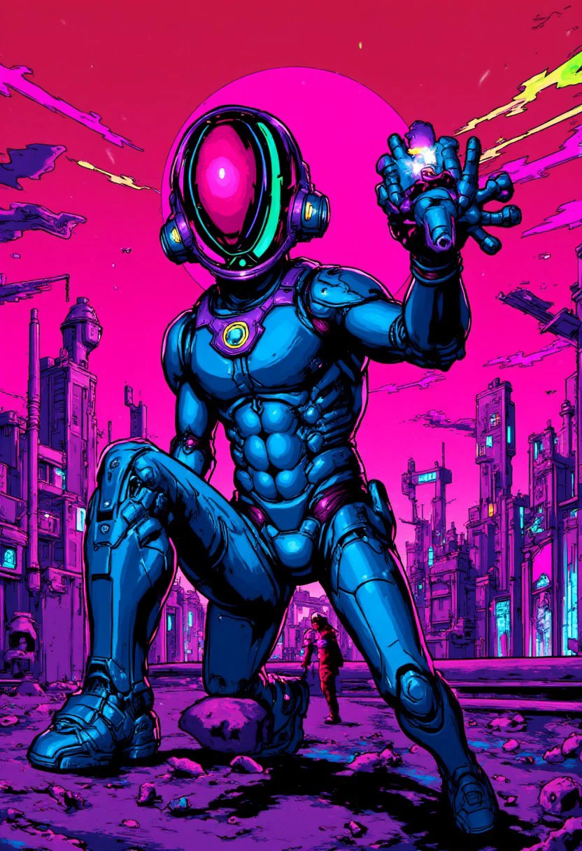 dsk_aesthetic, comic art style, solo, halo, 1boy, male focus, statue, arrow (projectile), upper body, synthwave, vaporwave, gradient overlay, neon aesthetic, retrowave, punkwave, cyberpunk,