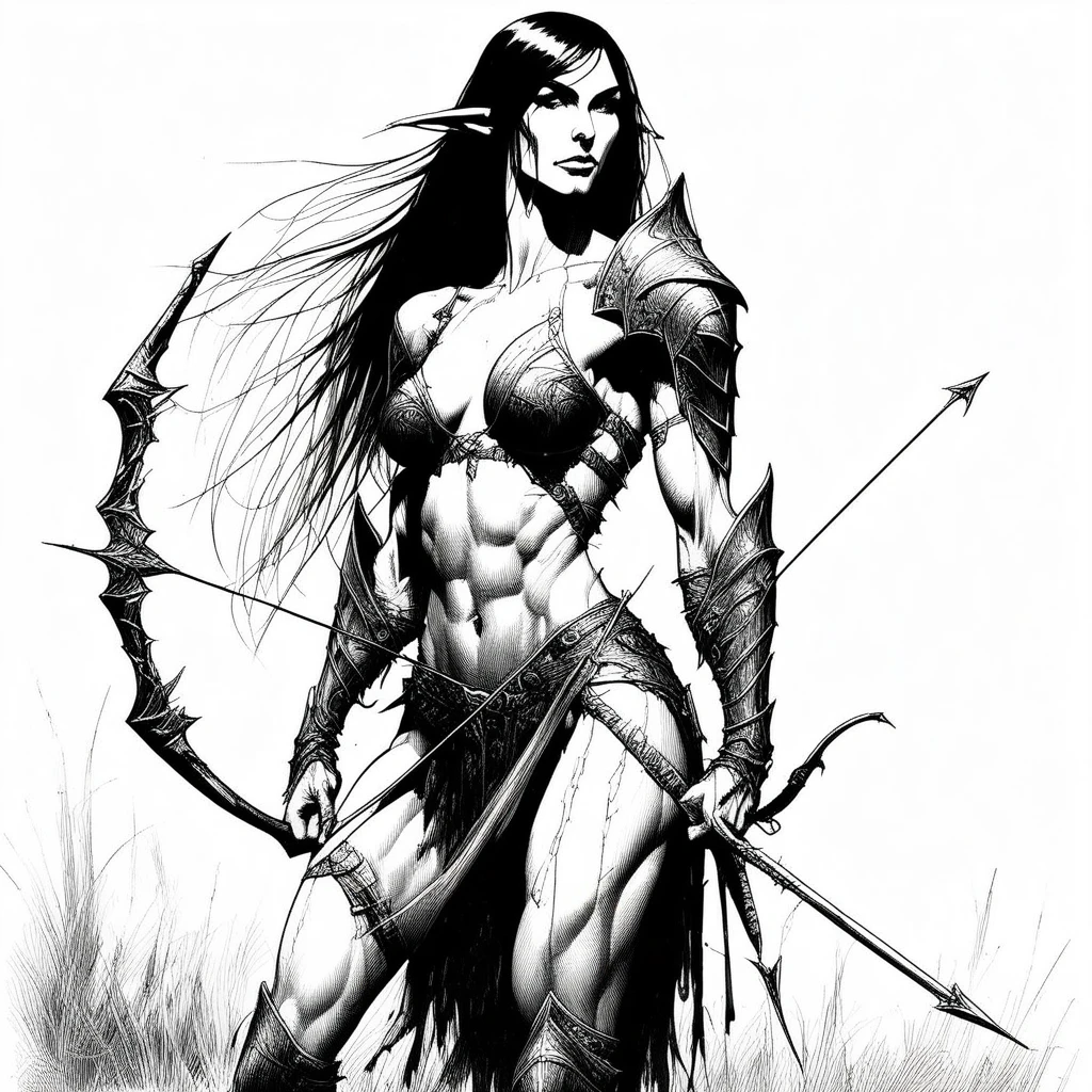 Ink draw, black and white, dark Fantasy, female elf warrior, long straight hair, stunning beauty, lacerated armour, very noticeable muscles, longbow, evil smile, full length. in the style of frank frazetta