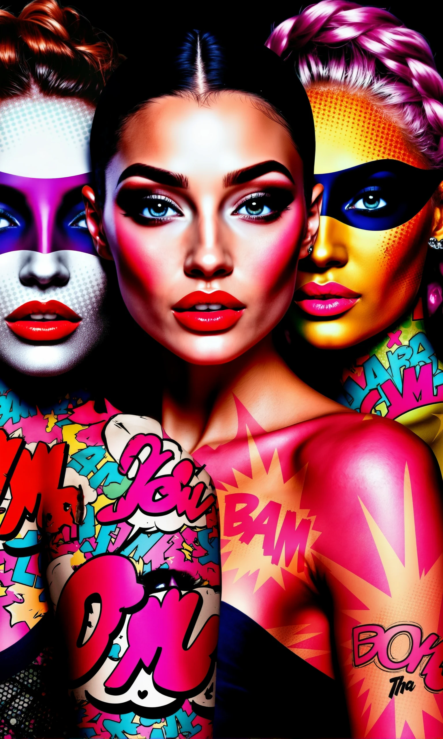 bold and colorful comic book-style portrait of three futuristic women, each with exaggerated, vivid makeup and glossy, reflective skin. The first woman has striking blue eyeshadow and red lips, the second has a gradient of pink and purple eyeshadow with shimmering lipstick, and the third wears bright orange and green makeup with bold pink eyebrows. Their hair is styled in intricate, braided updos, and their faces shine with a glossy, almost plastic-like surface. Background filled with comic-style words like 'WOW!', 'ZAP!', and 'BAM!' in vibrant colors. The image captures their powerful, futuristic beauty, with bold black outlines, dynamic shading, and a pop-art aesthetic