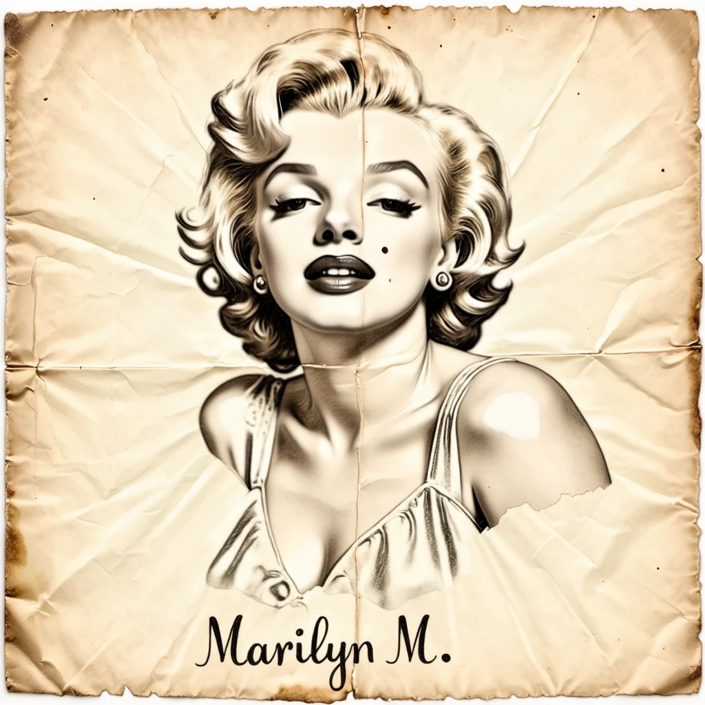 Stained and creased paper. Text "Marilyn M."

An early drawing of Marilyn Monroe.

oldpprCE style