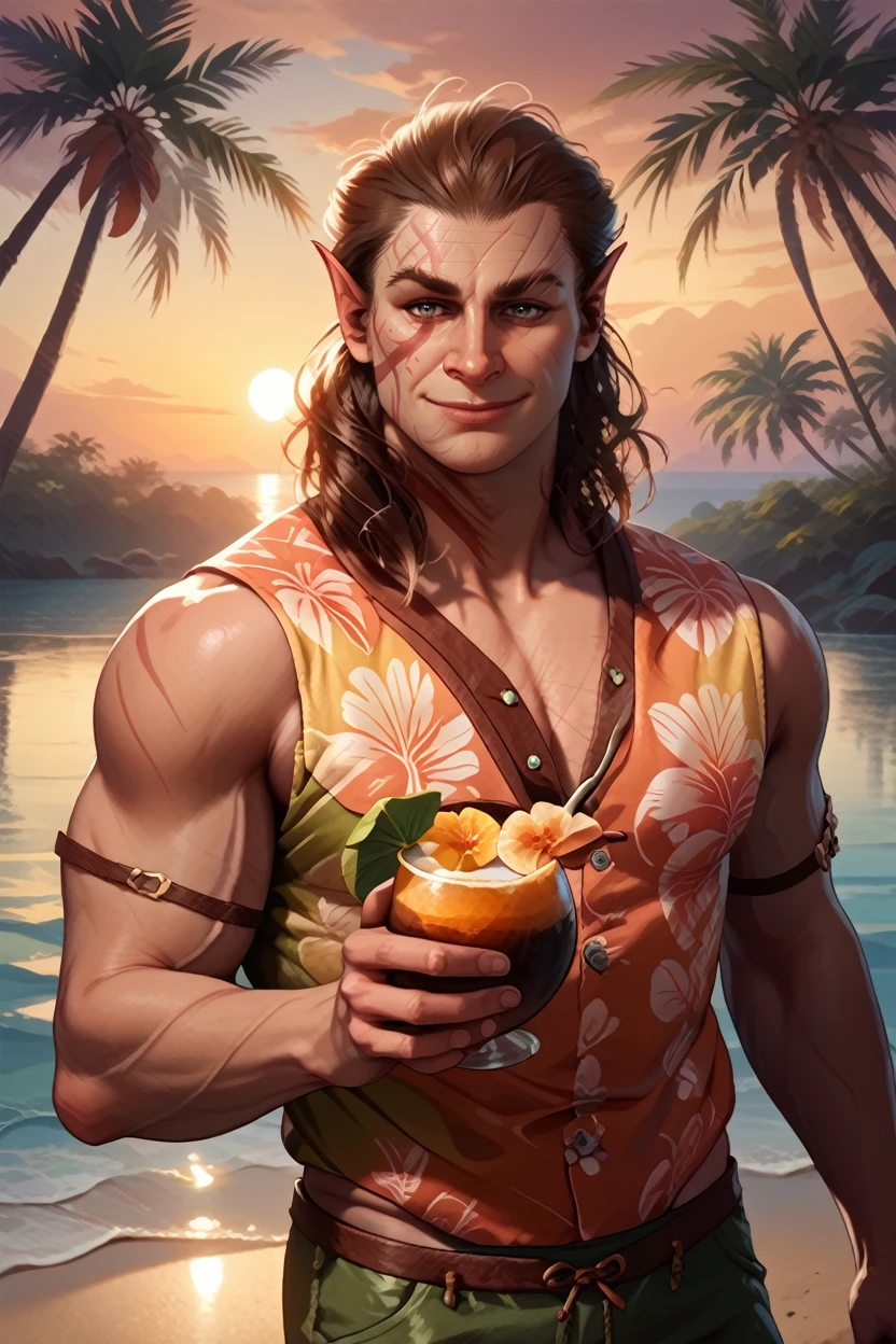 score_9, score_8_up, score_7_up, score_6_up
<lora:BGHalsin:1.0>
BGHalsin, 1boy, brown hair, pointy ears, scar, looking at viewer, male model wearing a Hawaiian shirt, smiling, holding a coconut drink, vibrant sunset, palm trees swaying in the breeze, tropical vibes