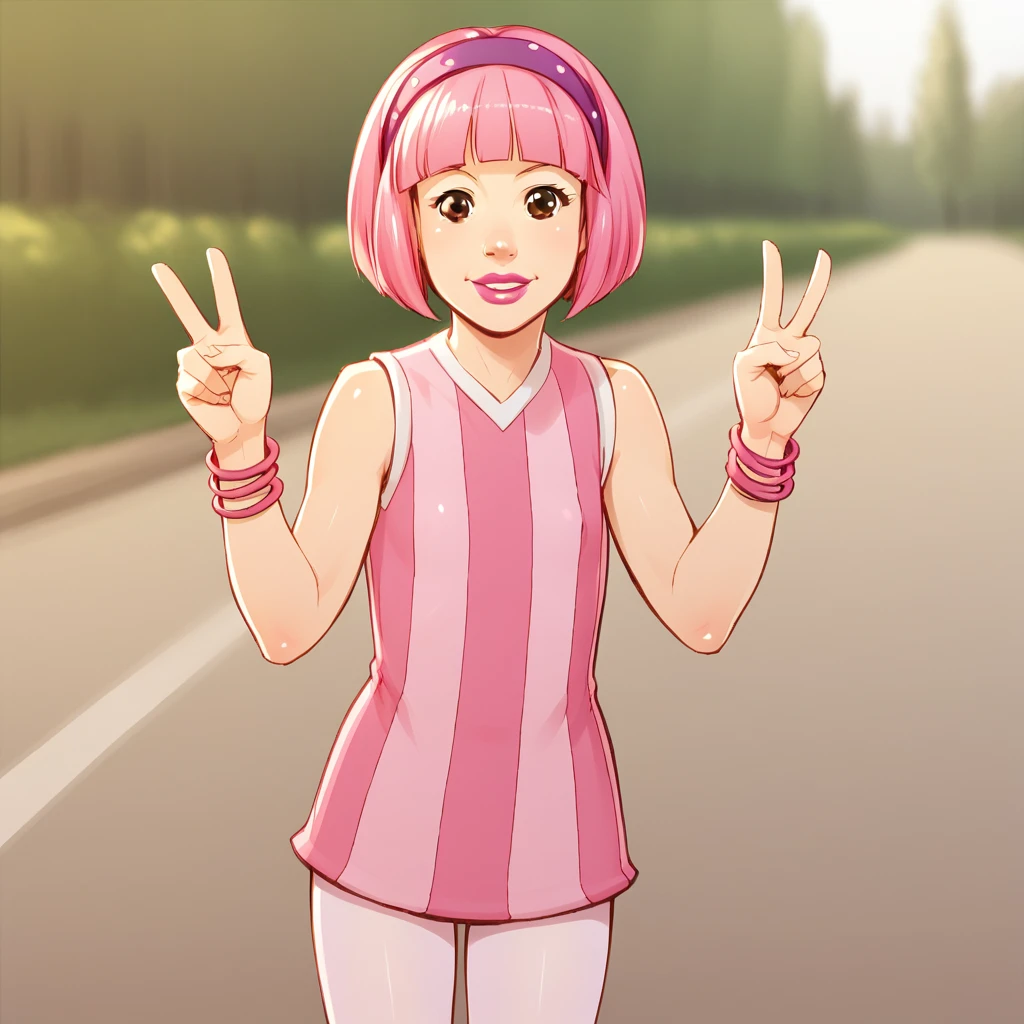 score_9_up, score_8_up, BREAK, Stephanie, 1girl, solo, pink hair, short hair, brown eyes, lipstick, headband, striped dress, sleeveless, pantyhose, cowboy shot,  <lora:Stephanie_LazyTown_ClipArt_PXL_Leaf2:1>, outdoors, double v, depth of field,