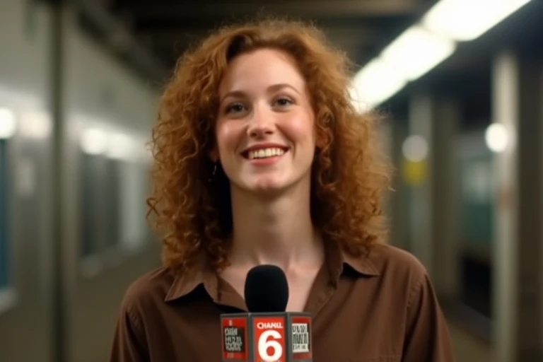 JudithHoagTMNTApril, a young JudithHoagTMNTApril woman with curly red hair, wearing a brown shirt, smiling, happy facial expression, in a subway station holding a tv reporter "CHANNEL 6" microphone, looking at the viewer as if speaking into the camera and giving a news report, as a news reporter on scene, front view, <lora:JudithHoag_TMNTApril_Flux:1>