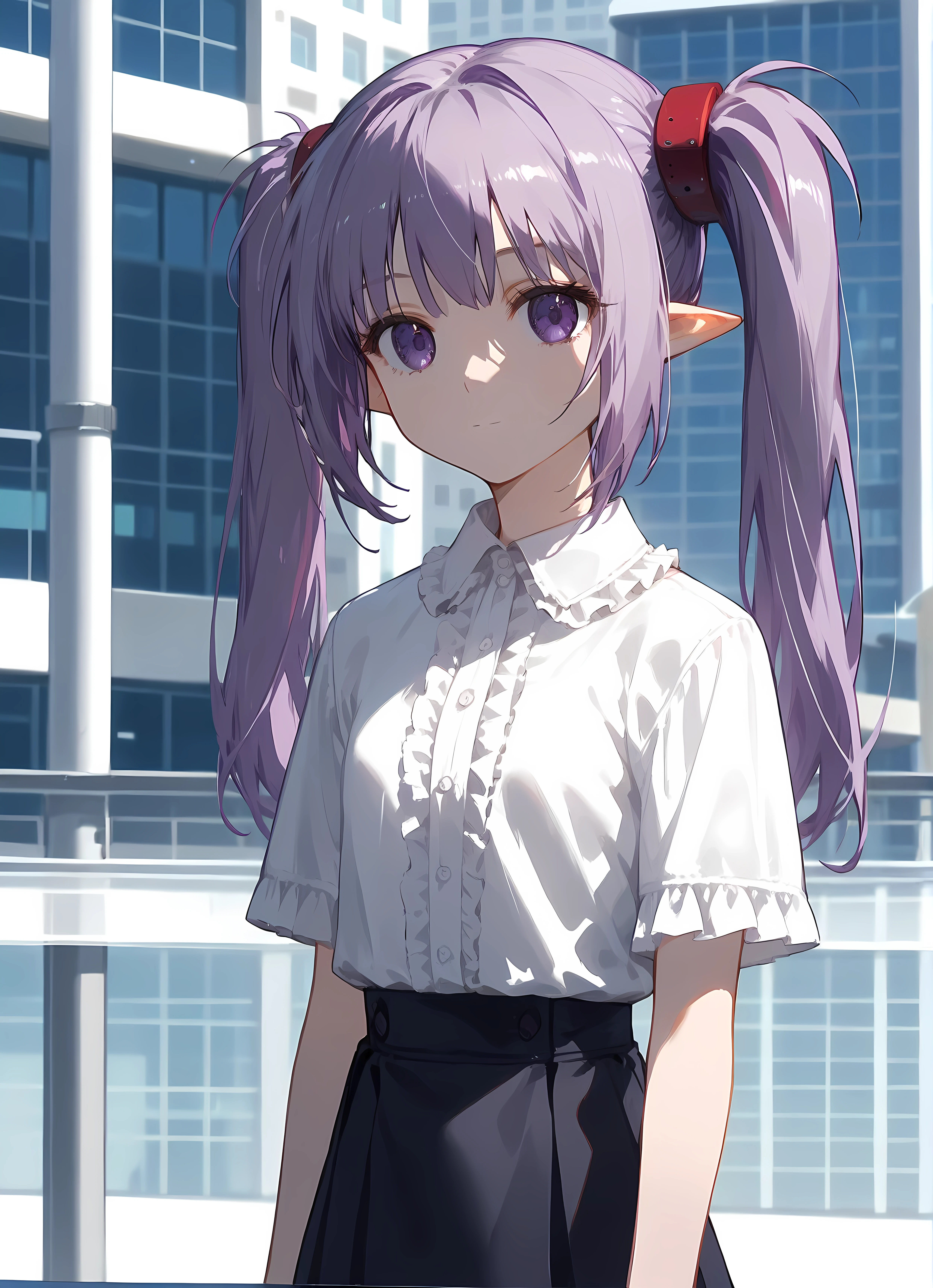 score_9,score_8_up,score_7_up,closed mouth, shiny skin, light smile,ohwx, 1girl, solo, sidelocks, twintails, long_hair, purple_eyes, purple_hair, grey_hair, empty_eyes, expressionless, pointy_ears,skirt, frills, shirt, center_frills, Leaning on an invisible table, capitol building,<lora:primula_pony_sobsynapse-000004:0.8>