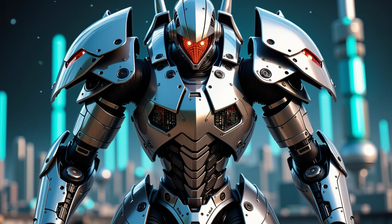 scifi robot,A towering silver mech stands in a defensive posture, its angular armor plates shimmering under the blue glow of distant stars. From a front-facing close-up, the robot’s optical sensor, a brilliant red eye, scans the surroundings with precise movements. The body is layered with reflective armor, showing wear and tear from countless battles, with intricate circuitry exposed in some areas. Behind it, a cityscape of gleaming metal towers stretches toward the sky, bathed in the soft neon hues of a distant galaxy, highly detailed, eerie, gritty, cinematic backlight, depth of field