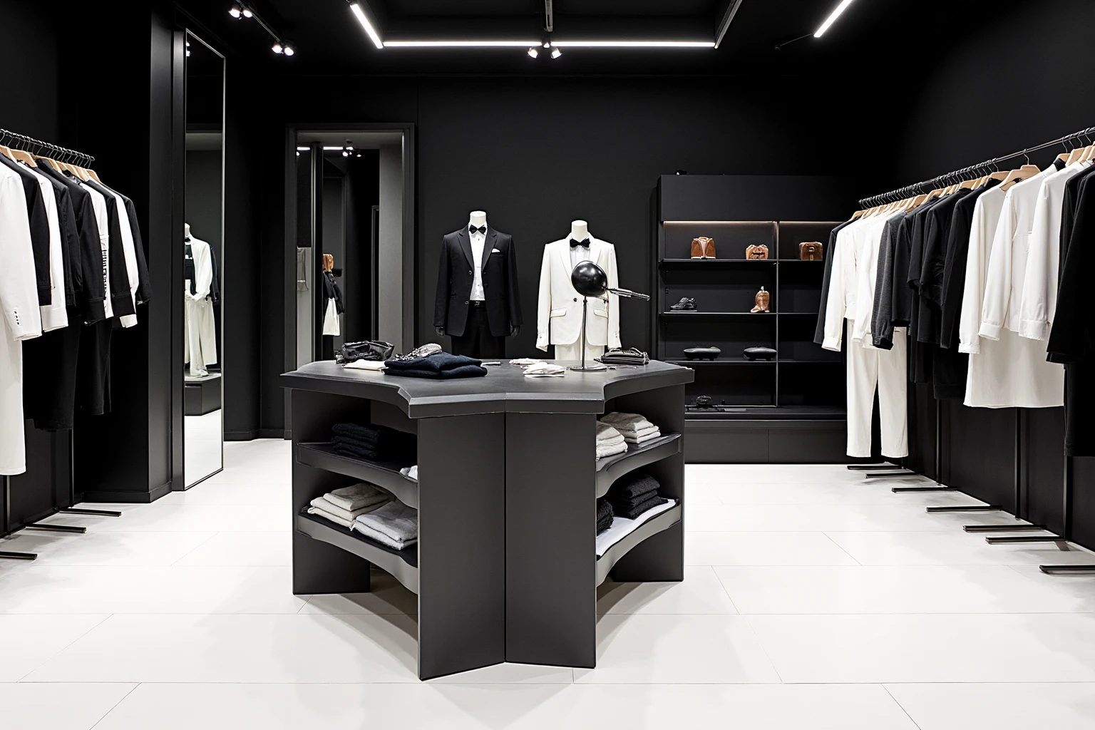 fashion cloths,A modern clothing store with modern elements, black and white theme, white tile floor, and lamps with cyberpunk elements