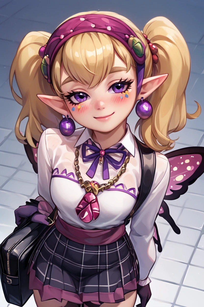 score_9, score_8_up, score_8, medium breasts, (curvy), cute, eyelashes,       BREAK, , <lora:Agitha_Zelda_PDXL:0.8>,  zzAgitha, purple eyes, blonde hair, twintails, pointy ears, jewelry, earrings, gloves, dress, butterfly wings, , BREAK, closed mouth, alternate costume, smile, looking at viewer, collared shirt, blush, sweater, black skirt, eyelashes, long sleeves, sleeves past wrists, plaid skirt, shoulder bag, black bag, blurry, tile floor, pleated skirt, white shirt, cowboy shot,  embedding:zPDXL, Expressiveh,  <lora:Vivid:0.7>,  <lora:Uncensored_PonyXL_cpt_v02.09:0.4>,  <lora:Expressive_H-000001:0.4>,