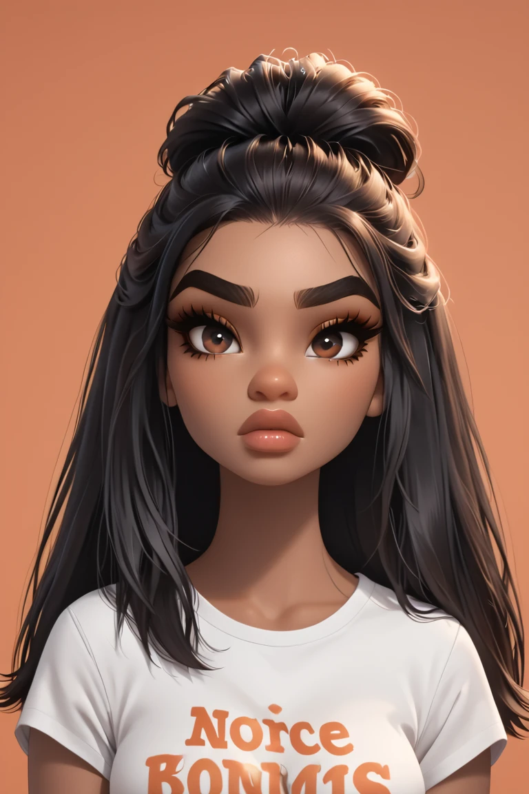 1girl, solo, long hair, breasts, looking at viewer, shirt, black hair, brown eyes, medium breasts, upper body, short sleeves, dark skin, dark-skinned female, lips, eyelashes, makeup, thick eyebrows, t-shirt, orange background