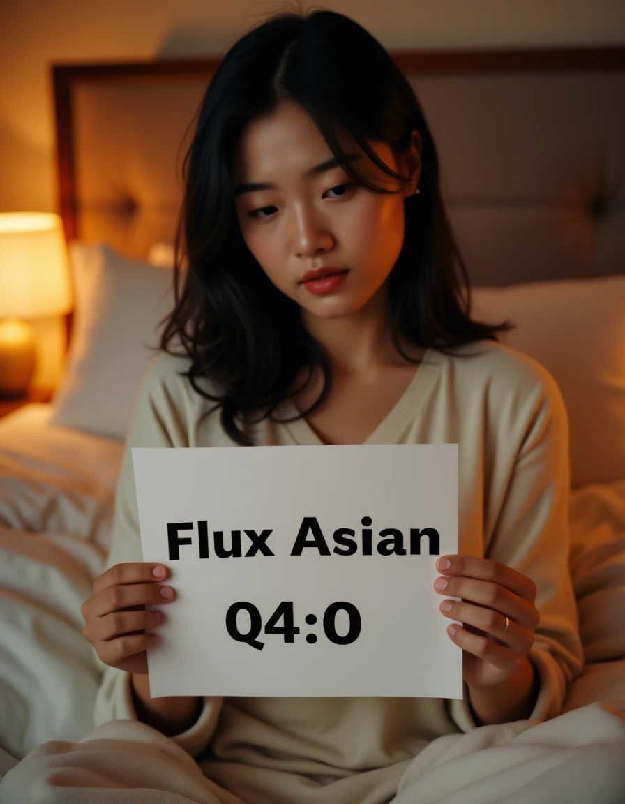 A woman sitting comfortably on a cozy bed, holding a piece of paper printed "Flux Asian Q4_0" in bold. The setting is intimate and warm, with soft blankets and plush pillows surrounding her, creating a sense of relaxation and comfort. She gazes thoughtfully at the paper, her expression a mix of contemplation and curiosity. The room is softly lit, with warm, ambient lighting that enhances the serene atmosphere, casting gentle shadows that add depth to the scene. The overall mood is peaceful and introspective, with the focus on the woman and the mysterious message on the paper, inviting the viewer to wonder about its meaning