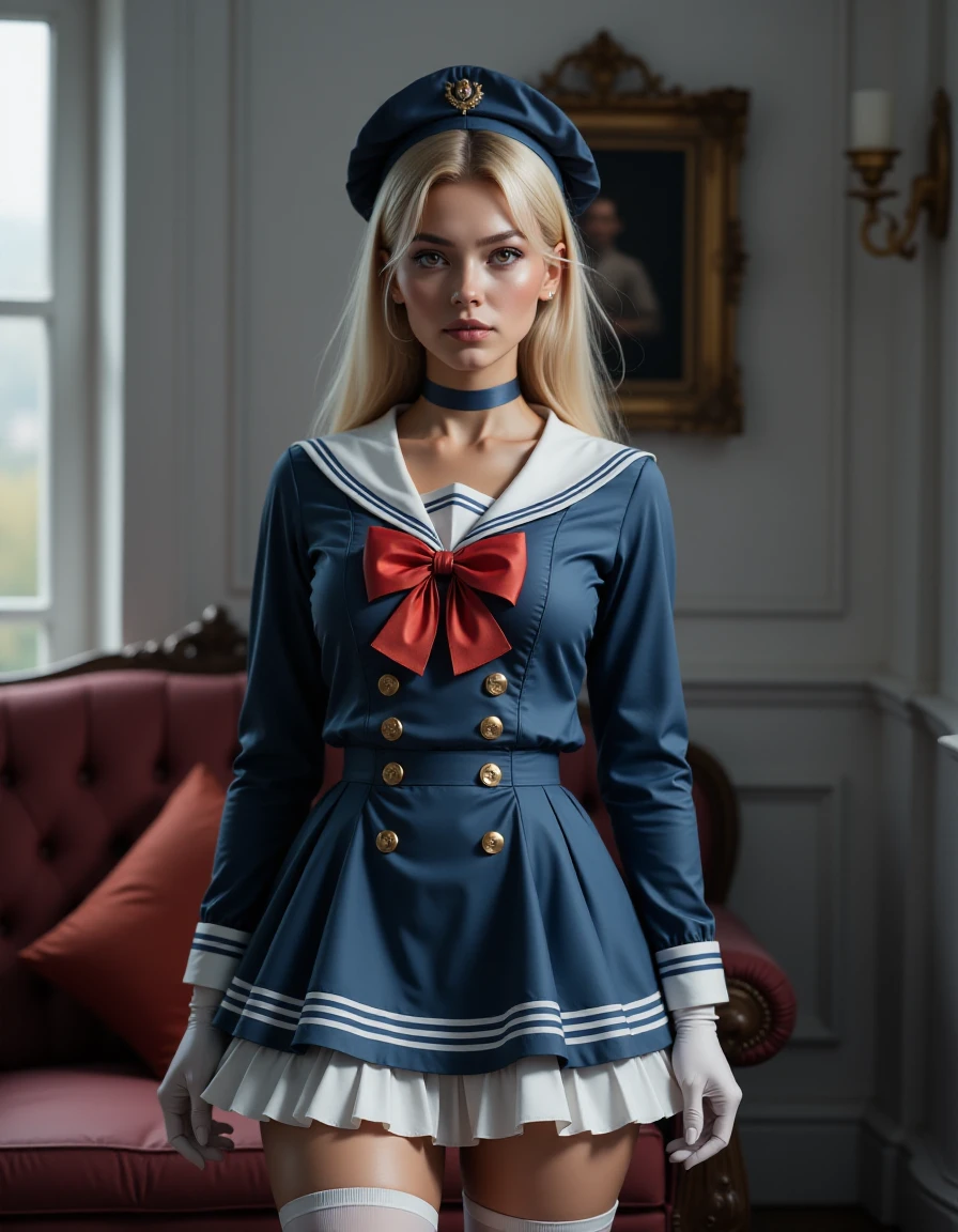 a nordish woman wearing Jed-Salr, Navy Blue Mini Dress, White Trim,  Red Bow, White Sailor Collar,  Nautical Stripes,  White Thigh-High Stockings, Red Heels, Sailor Hat,  White Gloves, Navy Blue Choker, Sailor Cuffs, White Petticoat, interior, <lora:flux-sailorcostume-000003:1>,