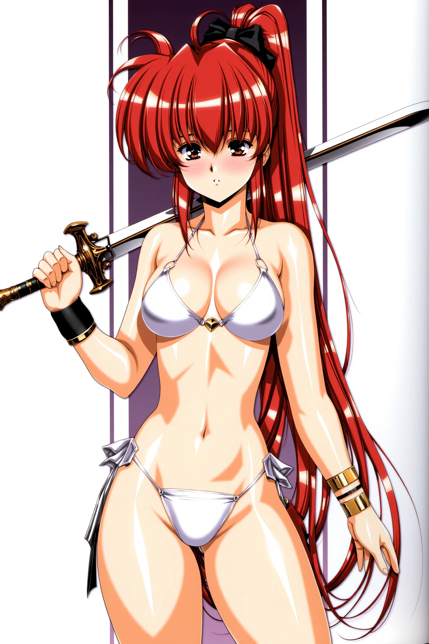 1girl,breasts,red hair,solo,sword,weapon,long hair,very long hair,swimsuit,bikini,cleavage,navel,shiny skin,large breasts,ponytail,thigh strap,halterneck,holding,holding sword,holding weapon,looking at viewer,pillar,ribbon,hair ribbon,white bikini,thigh gap,parted lips,ass visible through thighs,hair between eyes,armlet,high ponytail,black ribbon,blush,standing,red eyes,cowboy shot,criss-cross halter,side-tie bikini bottom,
<lora:Urushihara Satoshi_FLUX:1>,