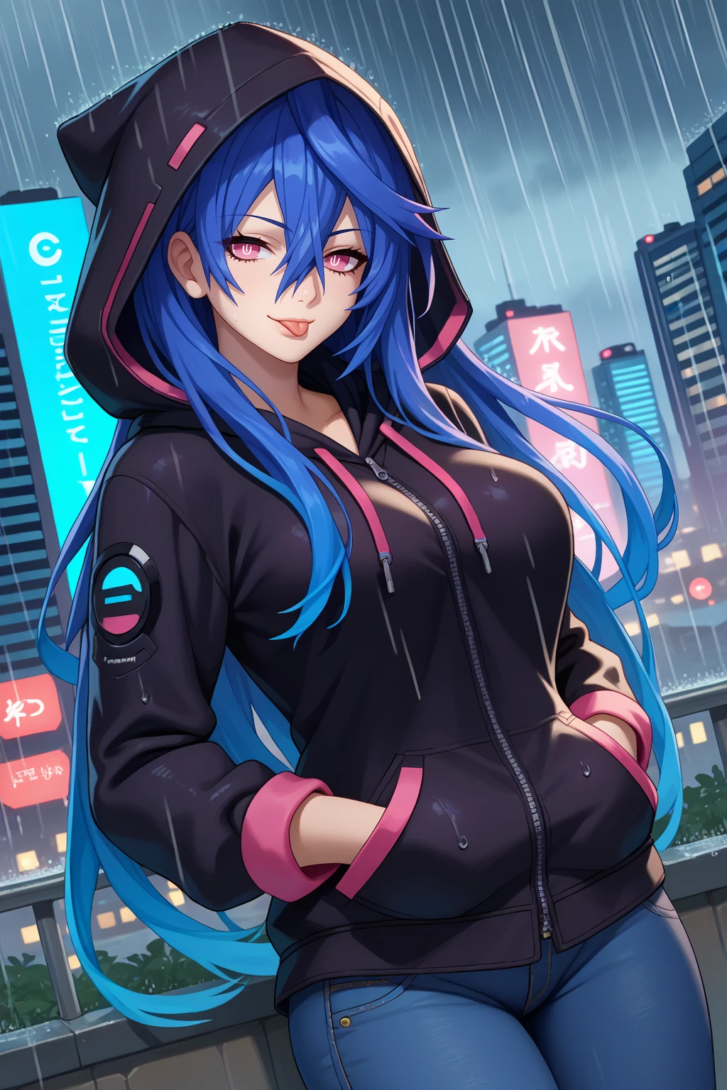 score_9, score_7_up, source_anime, dutch angle, looking at viewer, smile, tongue out, ihrt, large breasts, long hair, hair between eyes, blue hair, pink eyes, power symbol-shaped pupils, black hoodie, jeans, hood up, hands in pocket, outdoors, rain, overcast, skyline, skyscraper, science fiction, <lora:Hoseki_HyperdimensionNeptunia_IrisHeart_PDXL_v1:1>