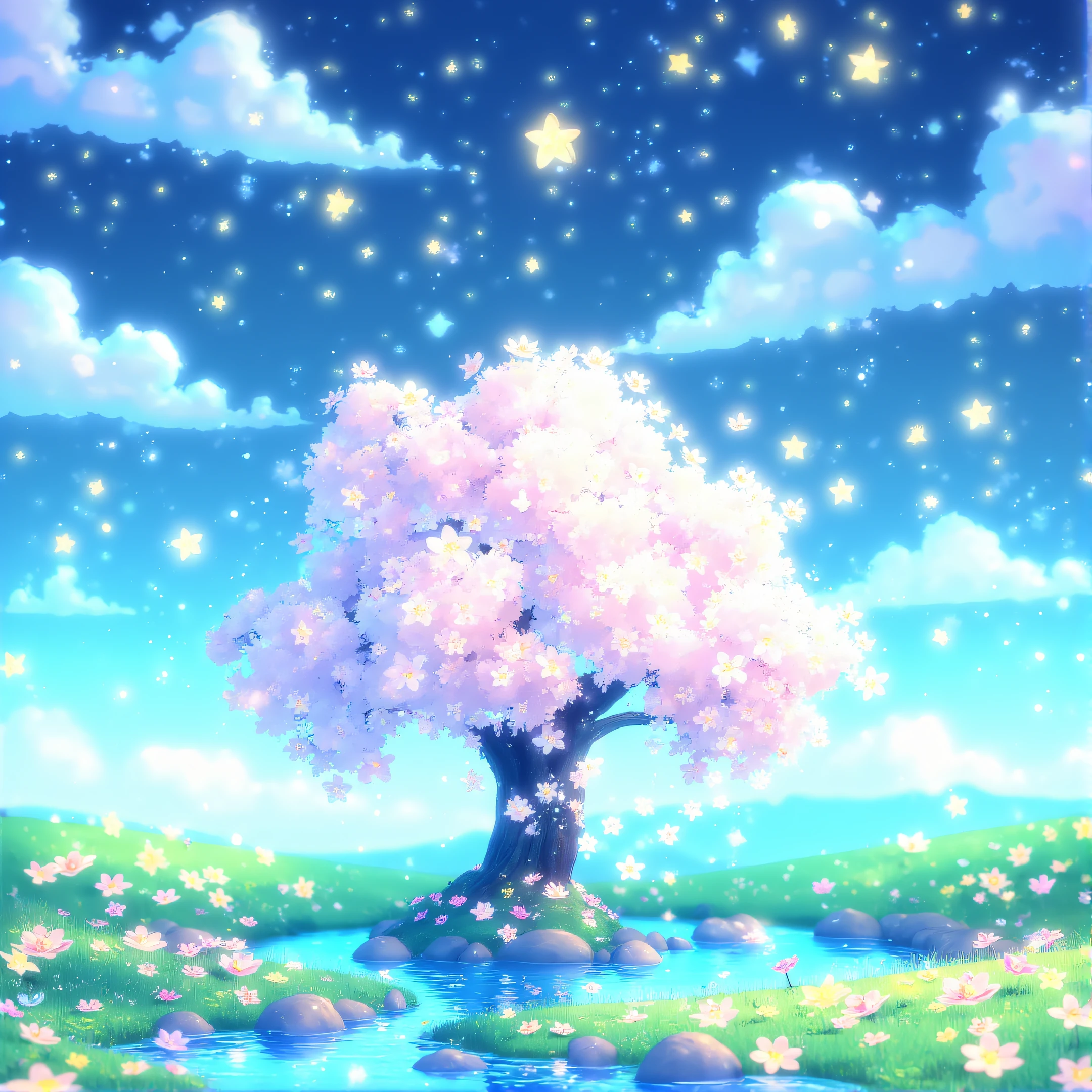 ArsMJStyle, Cute, landscape, The image shows a beautiful night sky with a tree in the middle of a pond surrounded by flowers plants and water. The sky is filled with stars and clouds creating a peaceful atmosphere., flower, scenery, sky, no humans, tree, night, cherry blossoms, outdoors, grass, cloud